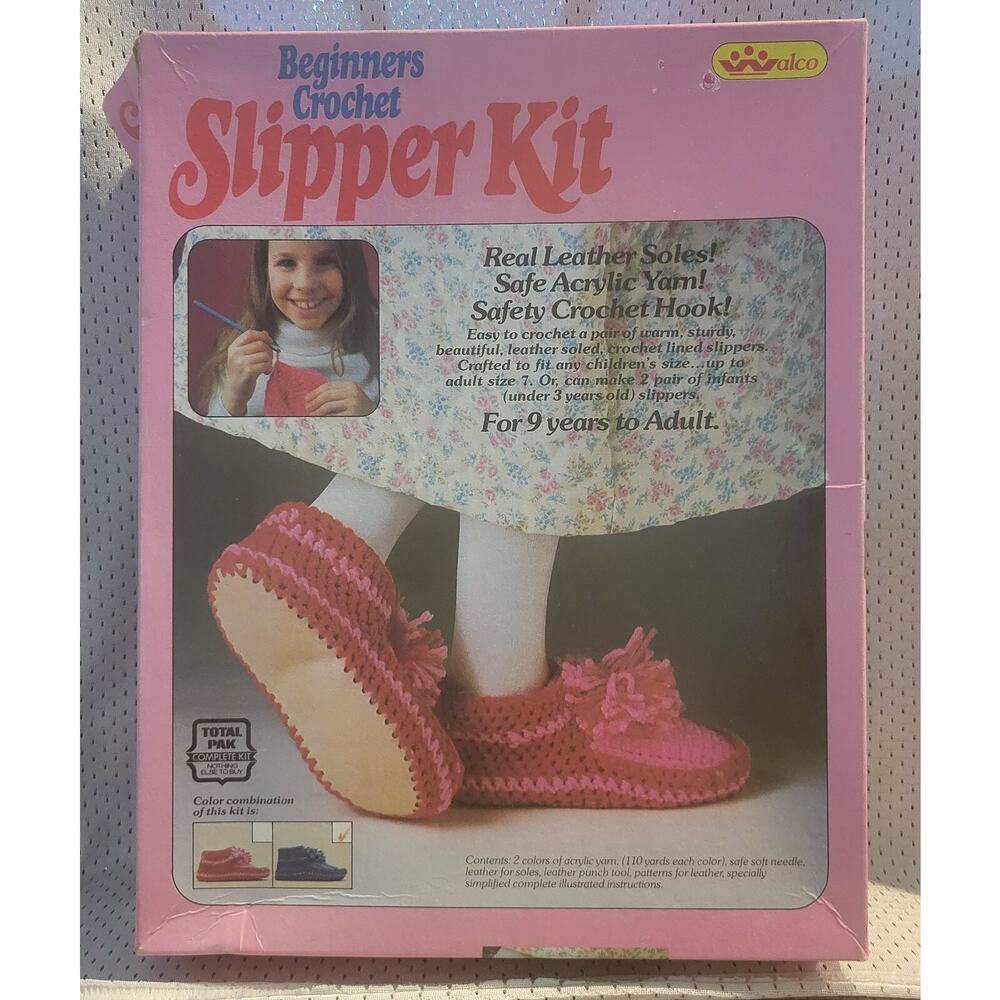 Walco Beginners Crochet Slipper Kit Vtg 1977 No. 6111 Blue Children Sz - Adult 7